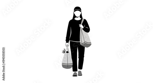 A black silhouette illustration of a person carrying reusable bags, embodying an eco-friendly lifestyle with a focus on sustainability and reducing carbon footprint.