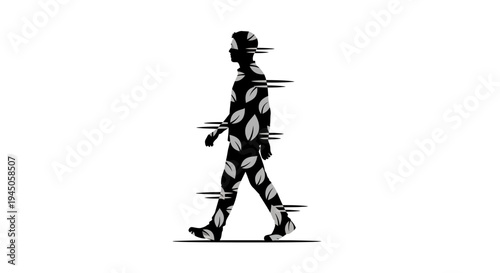 Illustration of a person walking with a black silhouette and eco-friendly lifestyle design elements on a white background.