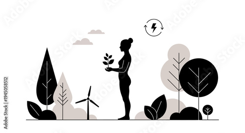 Illustration of a woman holding a plant amidst eco-friendly icons and natural elements, promoting sustainability and eco living with a minimalist design and black silhouettes on a clean