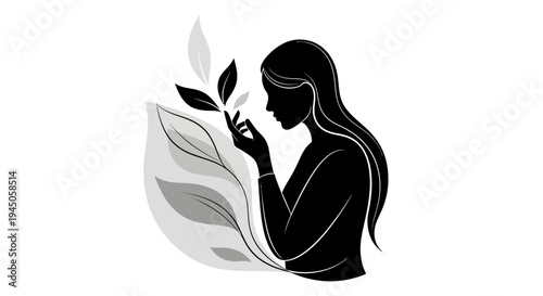 Vector illustration of a woman in black silhouette holding a plant with leaves, representing eco living and sustainability on a white background.