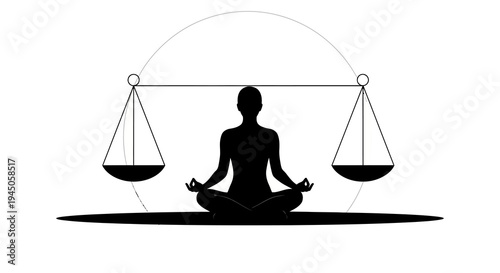 A black silhouette illustration of a person meditating in lotus position with a balance scale above, symbolizing eco living and sustainability on a white background.