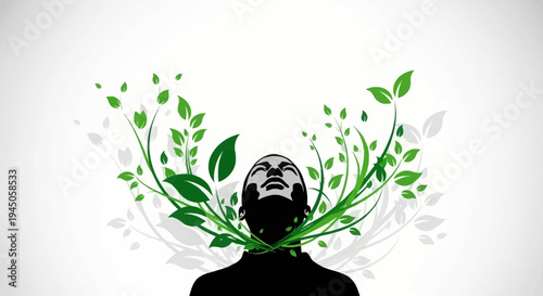 Illustration of a black silhouette of a man with green leaves emerging from his head, symbolizing eco living and sustainability on a white background with a natural and earthy feel.