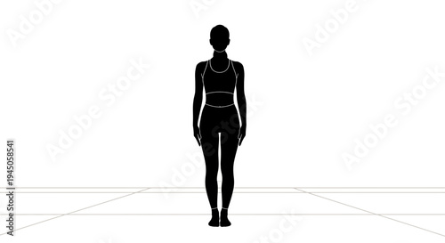 A black silhouette of a woman standing on a grid-patterned background, conveying eco living and sustainability concepts in a minimalist design.