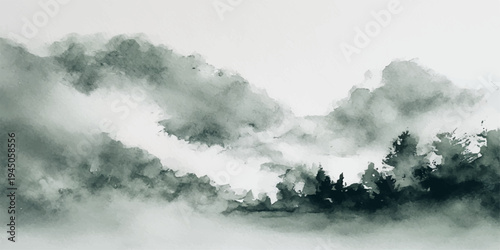 A majestic snow-capped mountain peak rises above a dense forest through a thick blanket of misty fog under a bright summer sky