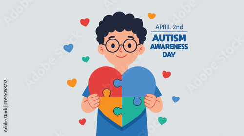 World autism awareness day boy holding puzzle heart vector