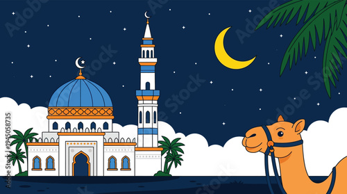 Islamic night landscape with mosque and camel cartoon vector