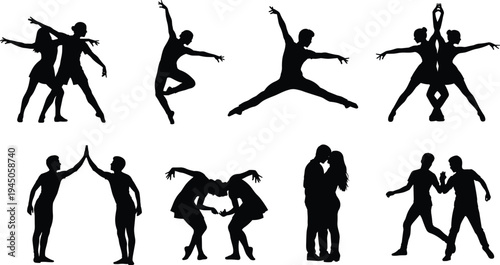 Dancing Couple and Ballet Dancer Silhouette Set Featuring Graceful Performance Poses Artistic Movements Romantic Partners and Elegant Gymnastics Vector Illustration Collection