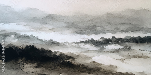 A majestic landscape of mist and fog rolls over rugged mountain peaks above a stormy sea where powerful waves crash against the rocky shore amidst swirling clouds and ocean spray