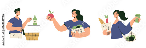Shopping scenes with flat cartoon characters, woman choosing apples at farmers market, man taking goods in supermarket, grocery paper bag. Eco products and mindful consumption vector illustration
