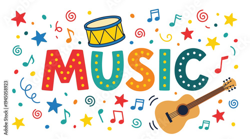 Colorful music typography with guitar drum and notes vector