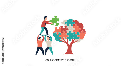 Three stylized figures collaboratively assemble a large, colorful puzzle tree with interlocking pieces, with one figure placing a green piece atop the structure on a white background.