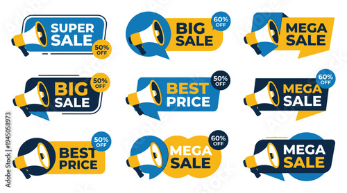Set of megaphone super sale and best price promotional badge vectors