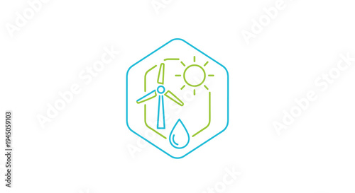 A light blue hexagon outline encloses a green-outlined wind turbine, a yellow sun, and a blue water drop, representing renewable resources on a pure white background.