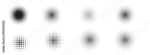 Set of halftone dots gradient pattern texture isolated on white background. Straight dotted spots using halftone circle dot raster texture. Vector blot half tone collection.