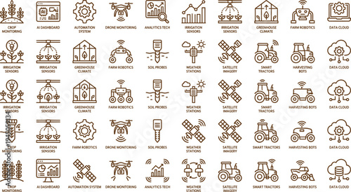 Smart agriculture technology icon set with drones sensors tractors greenhouse irrigation analytics and farming automation