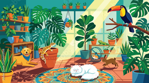 Indoor garden room interior full of green house plants and cute pets vector