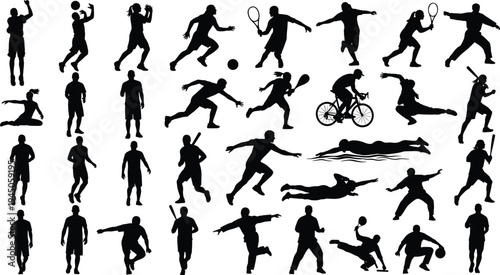 Diverse Sports Silhouette Mega Set Featuring Athletes Playing Soccer Basketball Tennis Cycling Baseball Swimming and Volleyball for Athletic Competition Vector Illustration