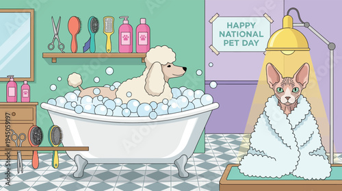 Happy national pet day with dogs and cats in grooming salon vector