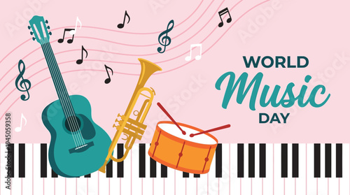 World music day banner with acoustic guitar trumpet drum and piano vector