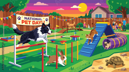 National pet day celebration at outdoor animal agility park landscape vector