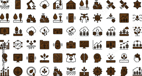 Smart agriculture technology icon set with drones tractors sensors crop monitoring irrigation systems and precision farming