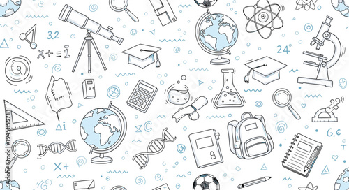 Education and science hand drawn doodle seamless pattern with school supplies telescope microscope globe graduation cap and chemistry lab equipment (20 words)