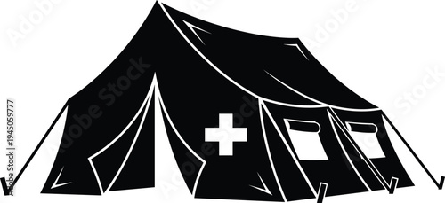 Emergency Medical Tent Vector Illustration Featuring Black Silhouette Humanitarian Aid Shelter with Cross Symbol for Disaster Relief and Field Hospital
