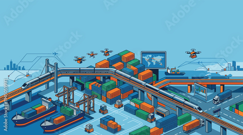 Global Logistics and Supply Chain Management Illustration featuring Automated Cargo Ships Drones and Trains for Industry