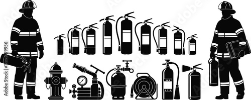 Firefighter Silhouette Vector Set Featuring Fire Extinguishers Hydrant Hose Reel and Fireman in Uniform Isolated for Safety Protection and Emergency Design