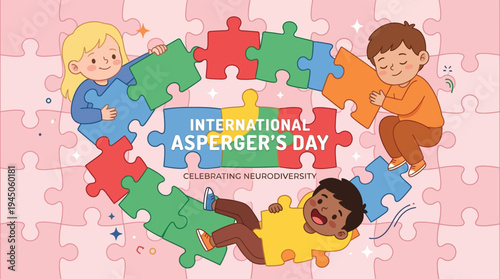Diverse Children Celebrating International Aspergers Day and Neurodiversity with Colorful Puzzle Illustration for Awareness Campaigns