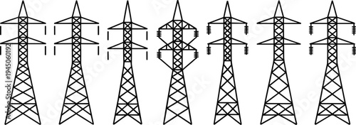 High voltage power transmission towers set electricity pylons energy grid infrastructure vector illustration collection isolated on white background