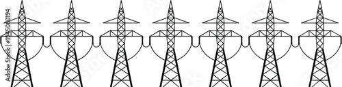 Electric power transmission line towers connected by cables high voltage electricity grid infrastructure vector illustration energy network system