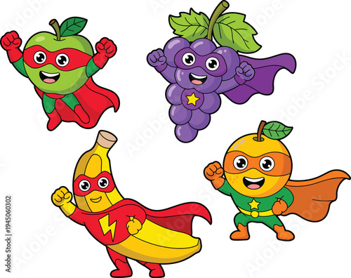 Cute fruit superhero characters apple grape banana orange cartoon mascots healthy food heroes vector illustration for kids design