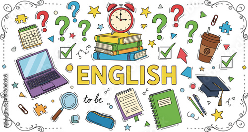 English education vector illustration featuring laptop books clock and study icons for language learning courses school curriculum and online tutoring webinarsEnglish education vector 