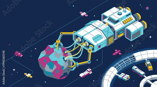 Isometric futuristic spacecraft mining resources from an asteroid in deep space near a modular orbital station