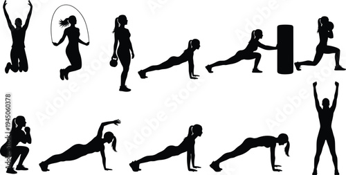 Fitness Woman Silhouette Set Featuring Female Athletes Doing Squats Pushups Jumping Rope 