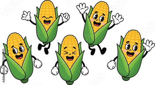 Cute corn mascot cartoon characters set jumping waving smiling sweet corn vegetable food mascot vector illustration isolated design