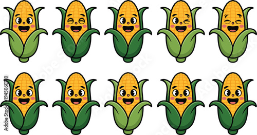 Cute corn mascot cartoon characters set smiling winking sweet corn vegetable food mascot vector illustration collection isolated design