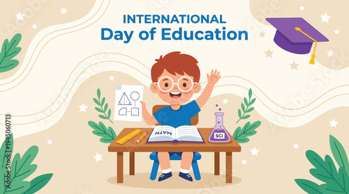 International Day of Education Banner Design Featuring Cute Boy Student with School Supplies and Books