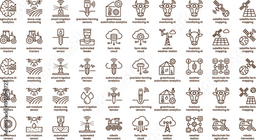 Smart agriculture technology line icon collection featuring drones sensors livestock tractors satellite mapping precision farming automation analytics systems