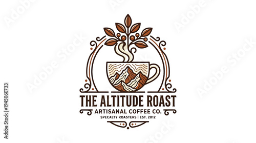 Artisanal Coffee Company Logo Design with Mountains and Organic Leaves for Premium Roastery Branding and Cafe Marketing