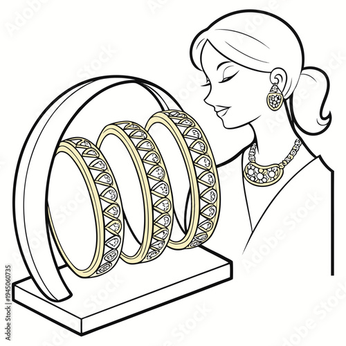 Woman looking at gold bangles on a stand jewelry stand