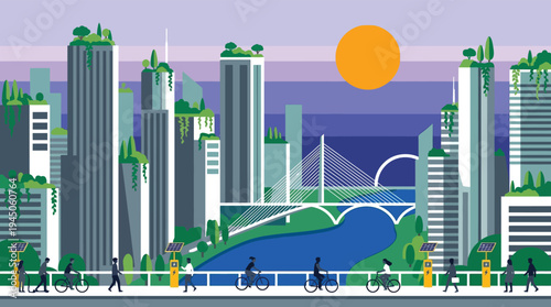Future sustainable eco city with green skyscrapers and people commuting by bicycle at sunset for environmental concept