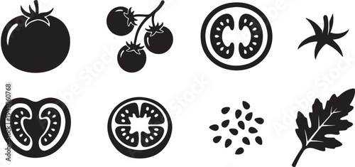 tomato silhouette icon set botanical tomato, slice, seeds, leaf, and vine vector illustration
