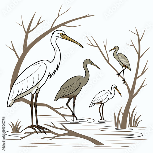 Colorful of herons in a wetland birds nature
