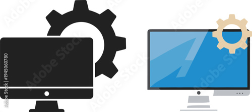 Flat Vector Icon Set of Computer Monitor and Gear Cog Representing Information Technology Support System Settings Technical Maintenance and Software Development