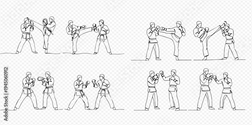 Continuous line drawing of martial arts training with two fighters practicing karate and boxing techniques.