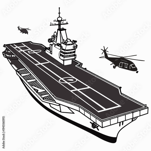 Black and White Aircraft Carrier with Helicopters naval ship