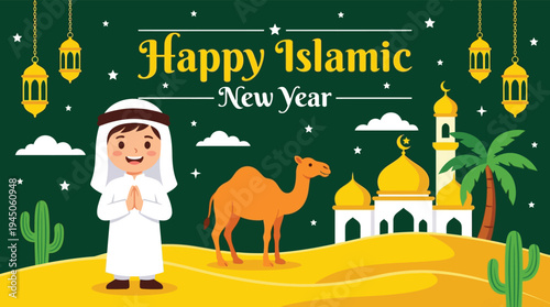 Islamic New Year Greeting Card with Cute Arab Boy Mosque Camel and Lanterns in Desert Night for Muharram Celebration