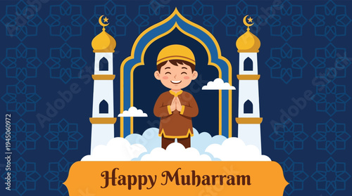 Happy Muharram Islamic New Year Celebration with Cute Muslim Boy and Mosque Vector Illustration Background